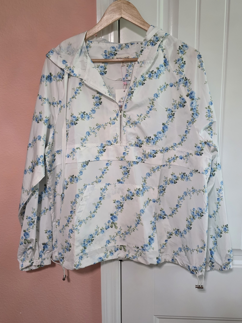 Pullover Windbreaker with Blue Floral Print